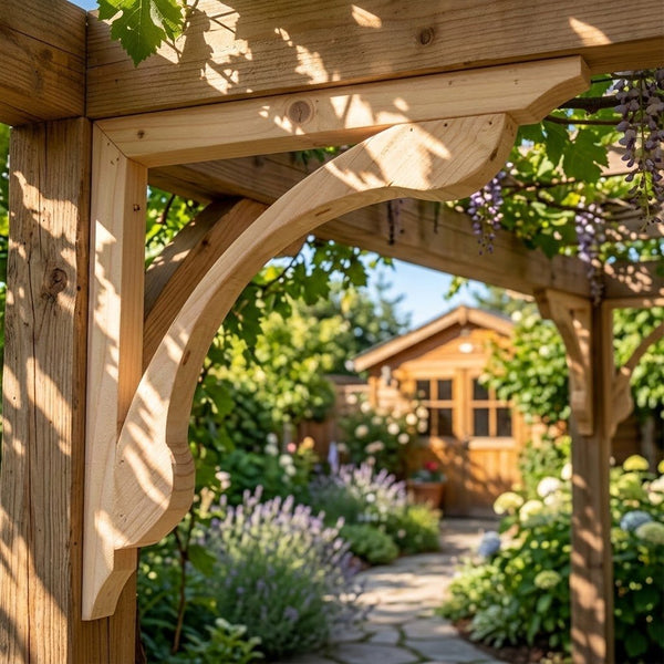 Close-up of a natural wood support beam beneath a pergola, with a garden path and plants in the background.