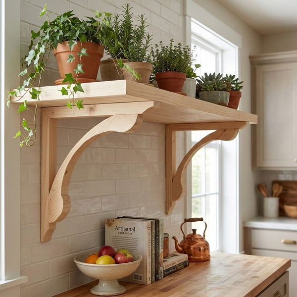 A light natural wood wall-mounted shelf with two decorative corset brackets, styled in a bright kitchen with potted plants, books, and a copper kettle.
