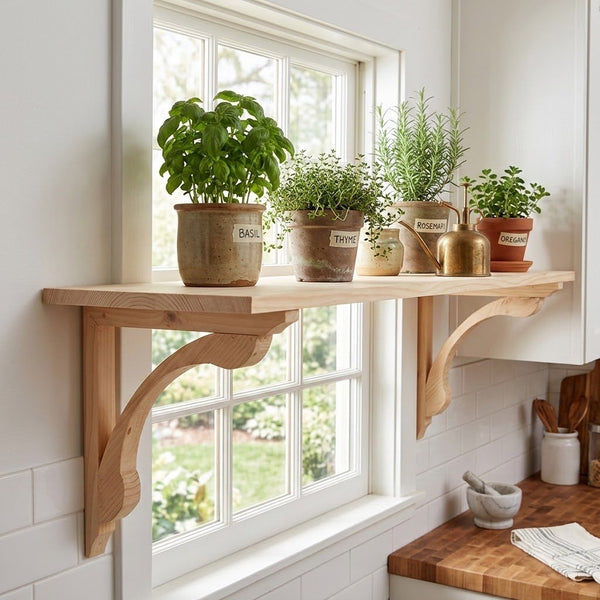 A light natural wood wall-mounted shelf with decorative corset brackets is installed above a white window in a bright kitchen. Several potted herbs and small plants sit on the shelf, along with a small brass oil lamp and a wooden cutting board with a mortar and pestle below.