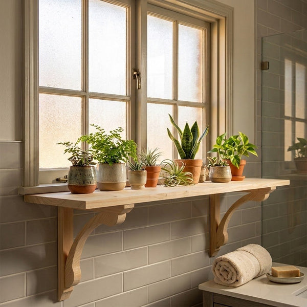 A light wood wall-mounted shelf with two corset-style brackets is installed beneath a window in a tiled bathroom. Several small potted green plants are arranged on the shelf, and a rolled towel sits below on a counter.