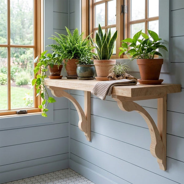 A light natural wood wall-mounted shelf with two decorative corset brackets, styled with several potted green plants and a small woven throw blanket in a bright room with blue-gray shiplap walls and windows.