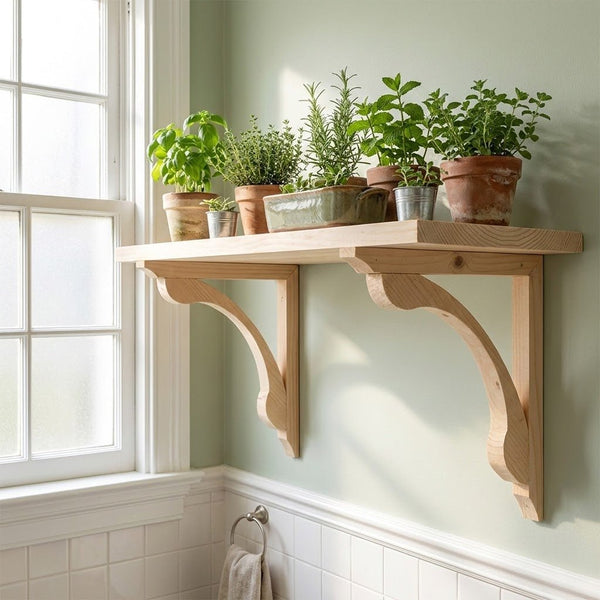 A light natural wood wall-mounted shelf with two decorative corset brackets, holding several potted green plants, installed on a pale green wall next to a white window.