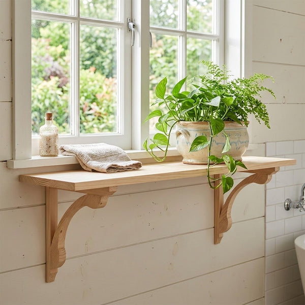 A light natural wood wall-mounted shelf with two decorative corset brackets, styled on a white paneled wall beneath a window with a potted green plant and a small bottle on it.