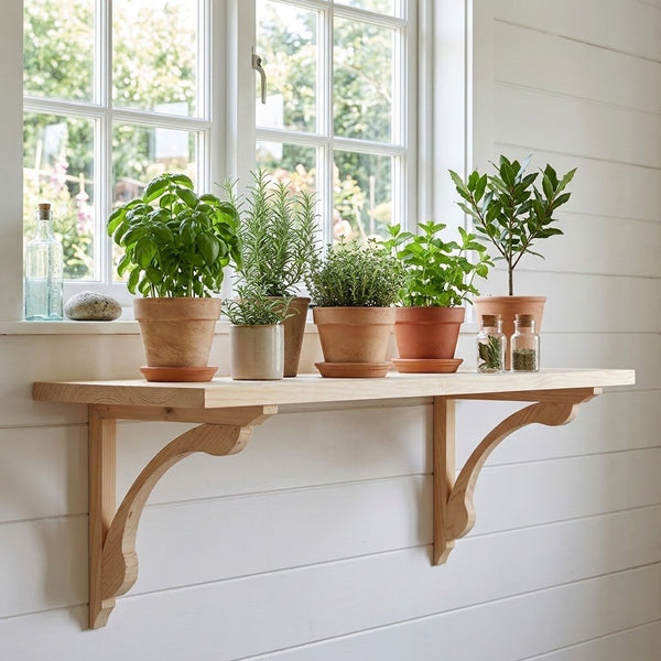 A light natural wood wall shelf mounted on a white shiplap wall, holding several potted green plants in terracotta and cream pots. The shelf is positioned beneath a white-framed window with outdoor greenery visible behind it.