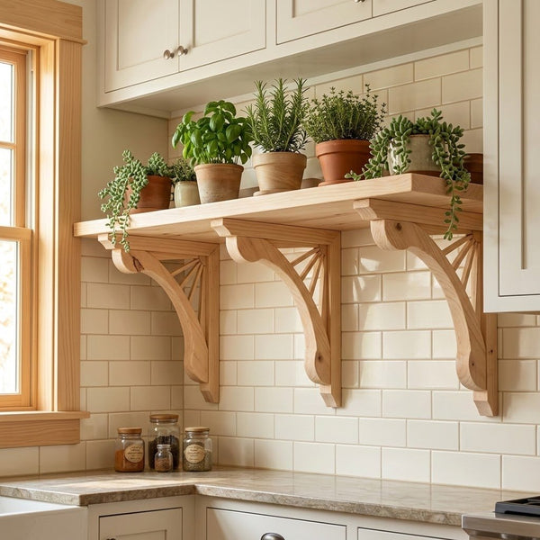Light natural wood wall shelves mounted on a cream subway tile kitchen wall, styled with multiple potted green herbs and trailing plants.