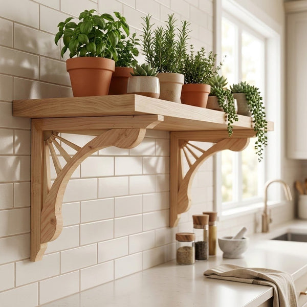 A light natural wood floating shelf mounted on a white subway tile wall in a bright kitchen, styled with several potted green plants in terracotta and cream pots.