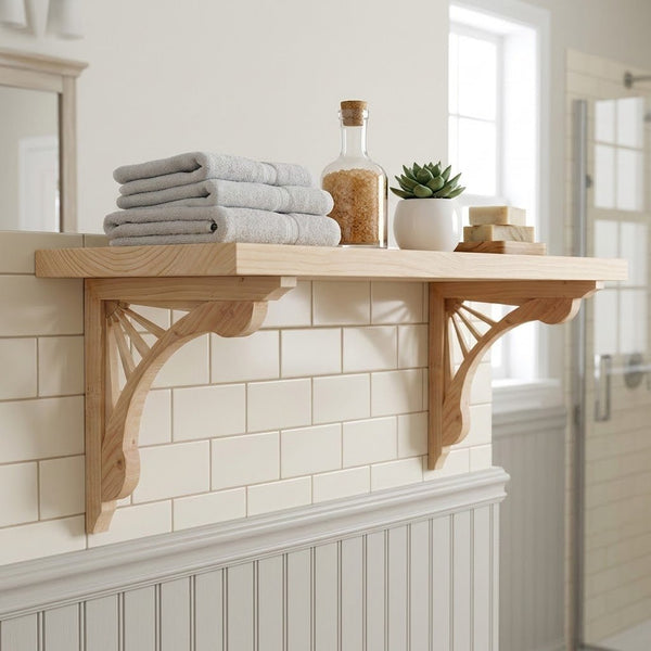 A light natural wood floating shelf mounted on a white subway tile wall, styled with folded gray towels, a glass bottle, a small potted succulent, and soap bars in a bright bathroom setting.