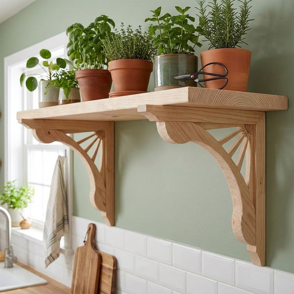 A light natural wood wall-mounted shelf with decorative fan-shaped corbels, shown installed on a sage green wall above white subway tiles. The shelf is styled with several potted green herbs and plants, a pair of black-handled scissors, and a hanging towel in a bright kitchen setting.