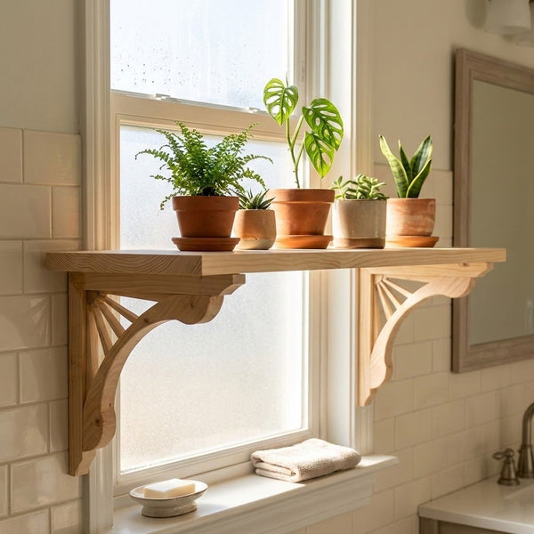 A light natural wood wall-mounted shelf with decorative corset brackets is installed beneath a window in a bright bathroom. Several small potted houseplants sit on the shelf, and a folded towel rests on the windowsill.