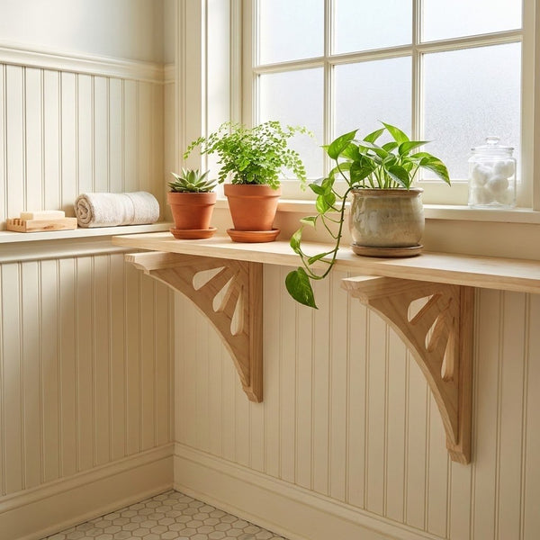 A light wood window sill shelf mounted on a cream paneled wall, styled with three potted green plants in terracotta and ceramic pots, a rolled towel, and a glass jar on a windowsill.