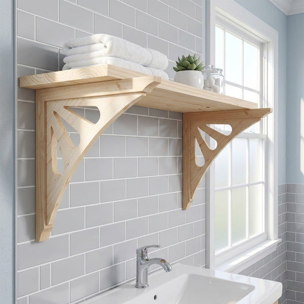 A light natural wood floating shelf mounted on a gray subway tile wall in a bathroom, styled with folded white towels and a small potted succulent. A white sink and chrome faucet are visible below, and a window is on the right.