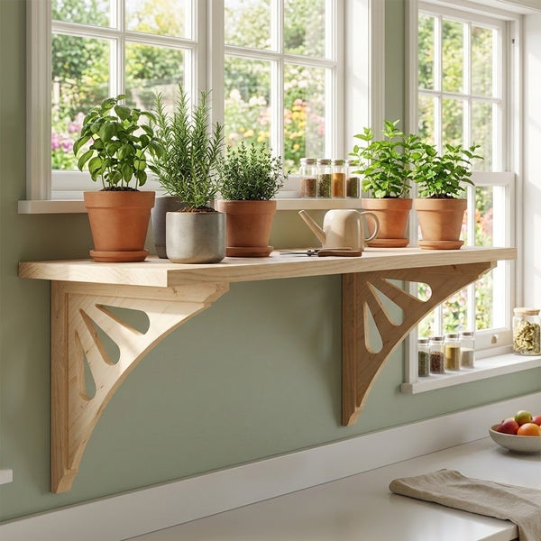 A light natural wood floating shelf mounted on a sage green wall with two decorative bracket supports, styled with potted plants, glass jars, and a small ceramic pitcher in front of white-framed windows.