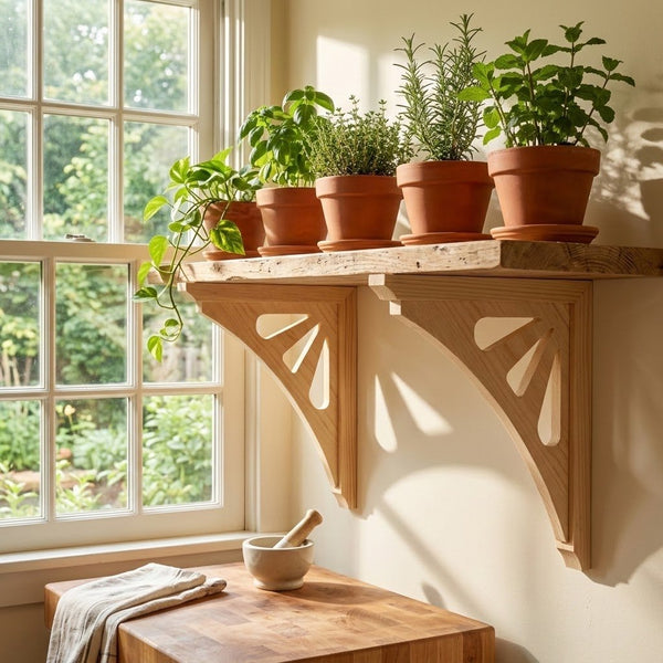 Potted green herbs in terracotta pots displayed on a rustic wooden shelf mounted on a beige wall, with a matching wooden table and mortar and pestle below, set in a bright, sunlit room.