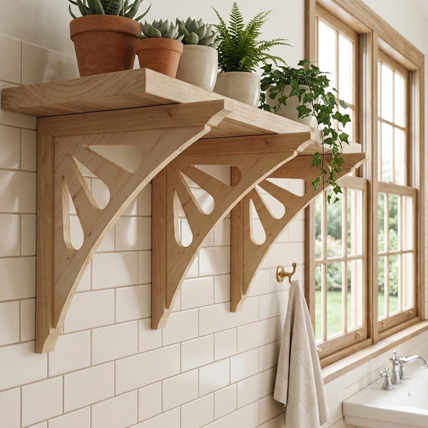 Two light natural wood corset wall shelves mounted on a white subway tile wall in a bright bathroom, styled with potted plants and positioned next to a window.