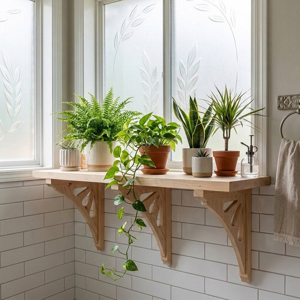 A light wood wall-mounted shelf with decorative corset brackets, styled with several potted green plants in a bright bathroom or interior space with frosted glass windows and white subway tile.
