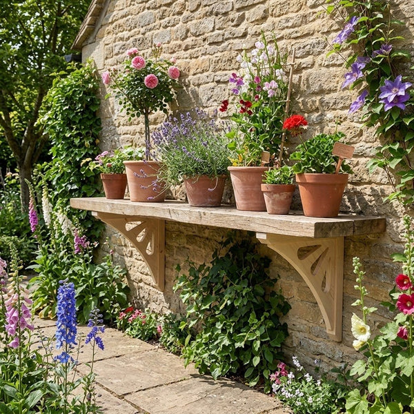 A rustic garden shelf holding several terracotta potted plants with flowers and greenery against a stone wall in a garden.