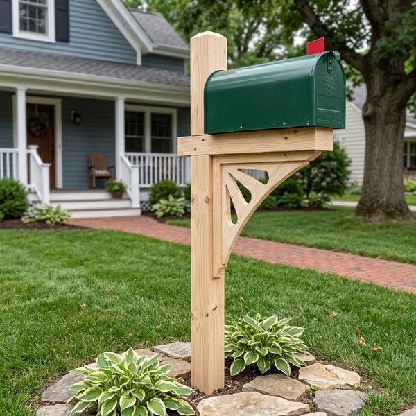 A green mailbox mounted on a light natural wood post and bracket in a landscaped front yard with a house.