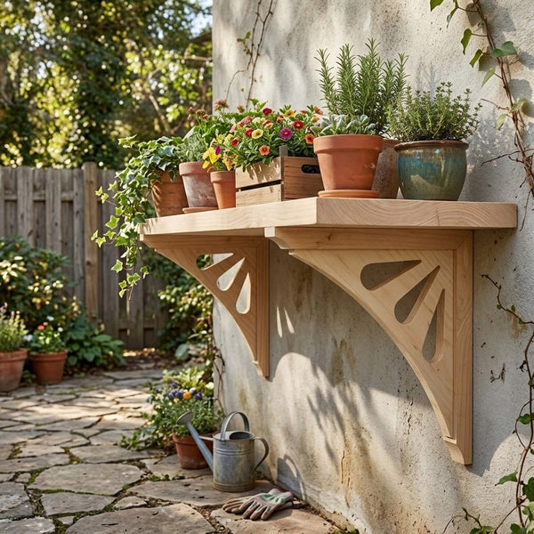 Two light natural wood wall-mounted garden shelves with decorative fan-shaped brackets, holding potted plants and flowers.