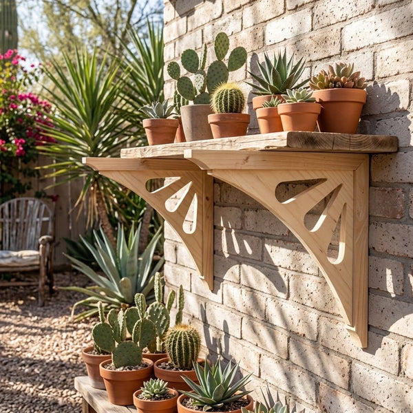 A rustic wooden wall-mounted shelf with decorative bracket supports, styled outdoors against a brick wall with potted cacus.