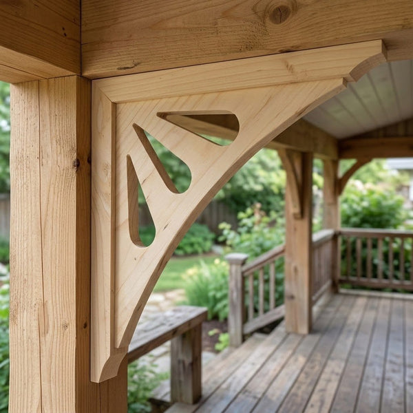 A close-up of a light natural wood architectural corbel bracket supporting a porch roof over a wooden deck.