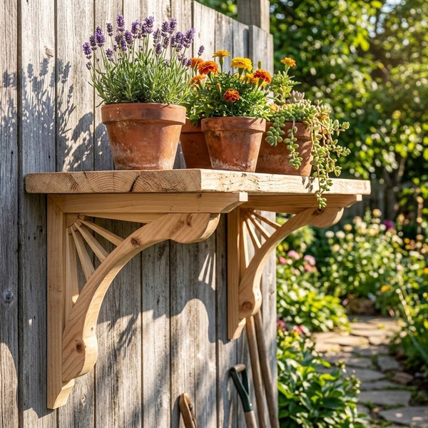 A wooden garden shelf mounted on a weathered gray wooden fence, holding three terracotta pots with lavender, marigolds, and trailing greenery, set in a sunny garden.