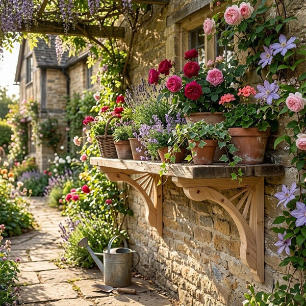 A rustic stone wall garden shelf decorated with potted roses, lavender, and climbing flowers, with a metal watering can on a stone path below.