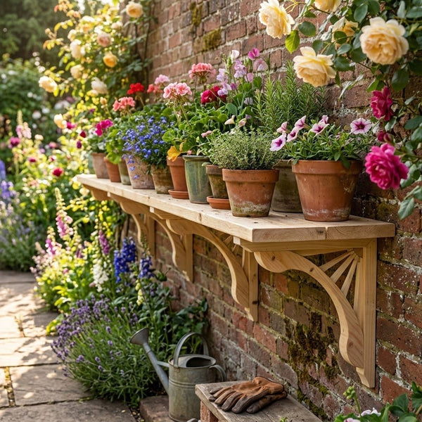 A wooden wall-mounted shelf with decorative brackets holds several terracotta potted flowers and plants against a brick wall in a garden. A metal watering can, gardening gloves, and a stone path are visible below.