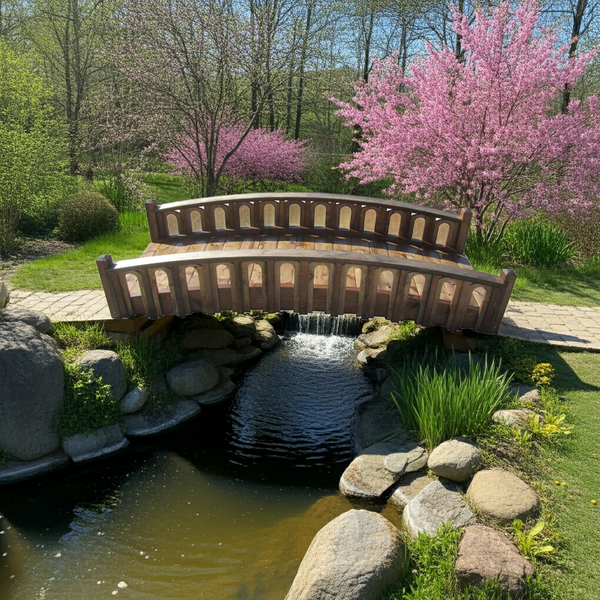 Pond Bridge with Arched Railings for Backyard 8 ft Terrace with Windows - SamsGazebos Handcrafted Garden Structures