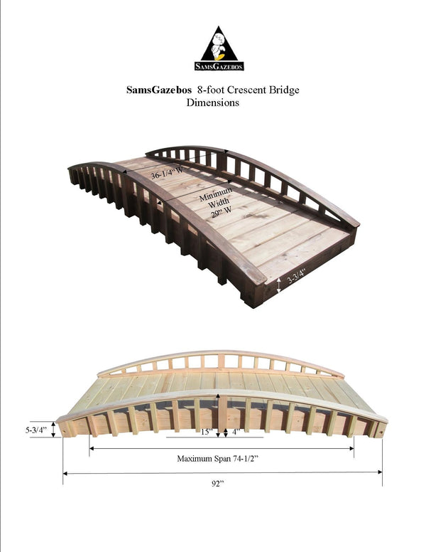 8 foot Crescent Japanese Wooden Garden Bridge-SamsGazebos Handcrafted Garden Structures
