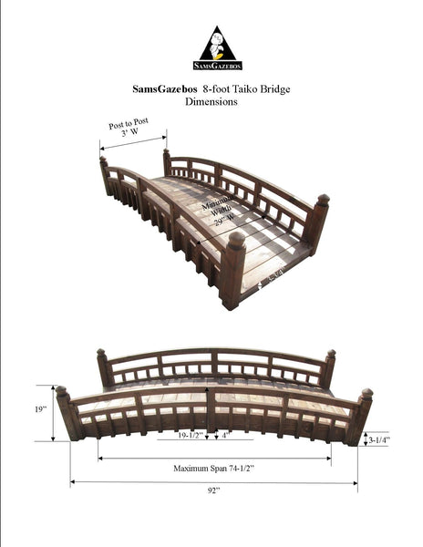 Japanese Garden Bridge with Finials 8 feet dimensions