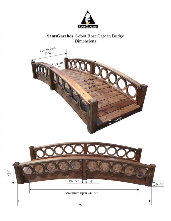 8 foot Rose Garden Bridge with Ring Railings-SamsGazebos Handcrafted Garden Structures