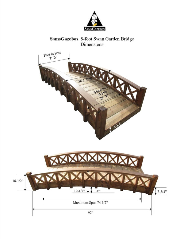 8 feet Wooden Garden Bridge with Lattice Railings dimensions