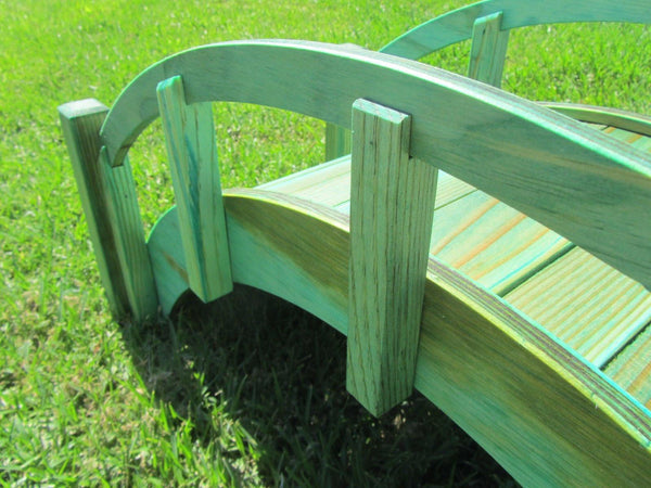 Japanese Wooden Garden Bridge 25 Inch Green rails closeup