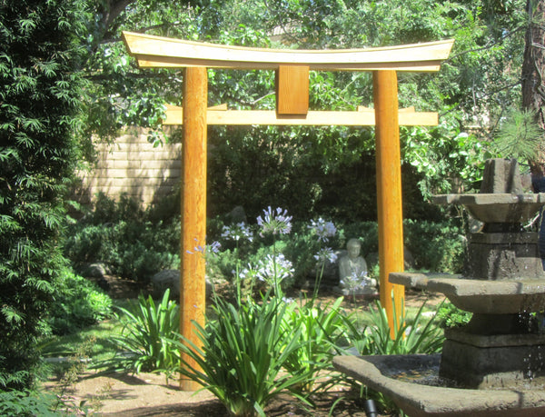 Japanese Shinto Torii Gate 8 ft Myojin Style in a garden